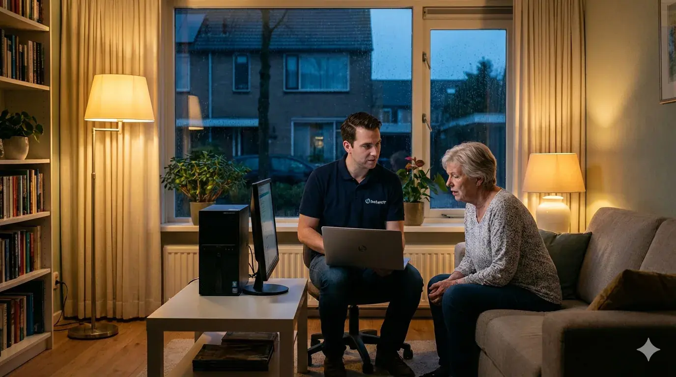 IT-specialist helpt klant in de avond bij computerproblemen