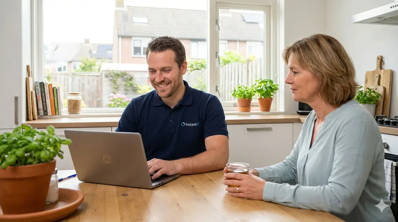 IT-specialist helpt klant aan de keukentafel met laptop
